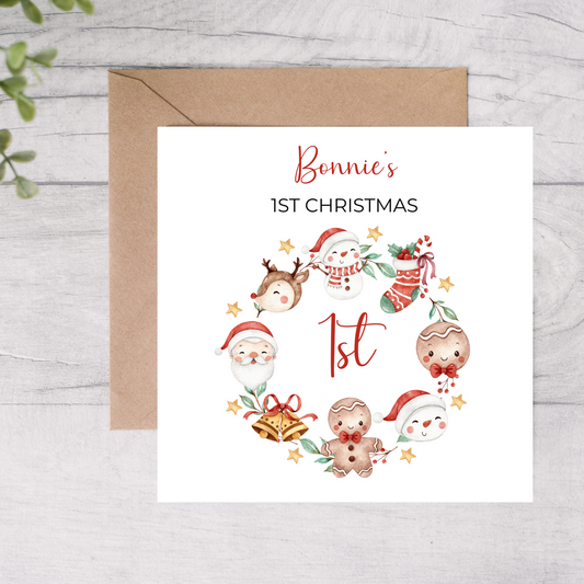 Christmas-themed baby  card with cartoon characters and 'Bonnie's 1st Christmas' text on a white background.