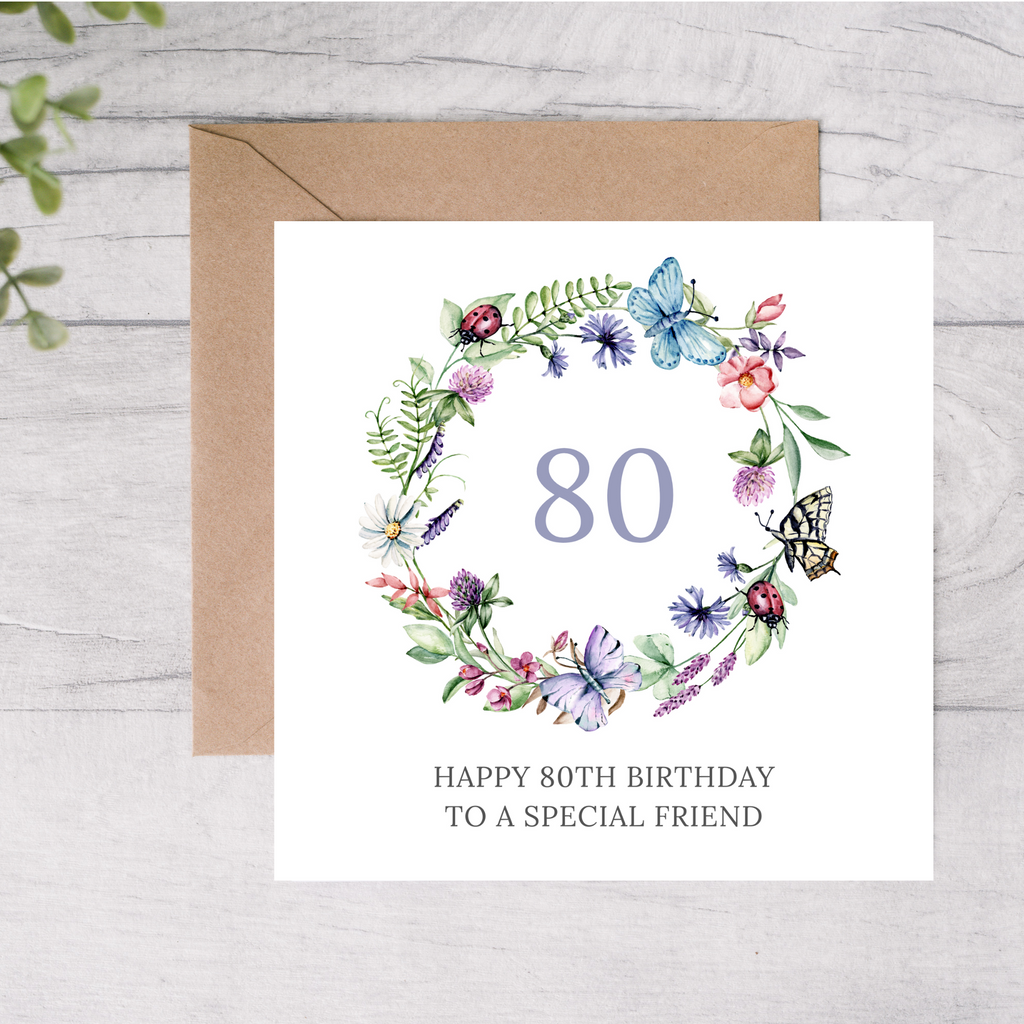 80th birthday card for friend with butterflies and flowers 