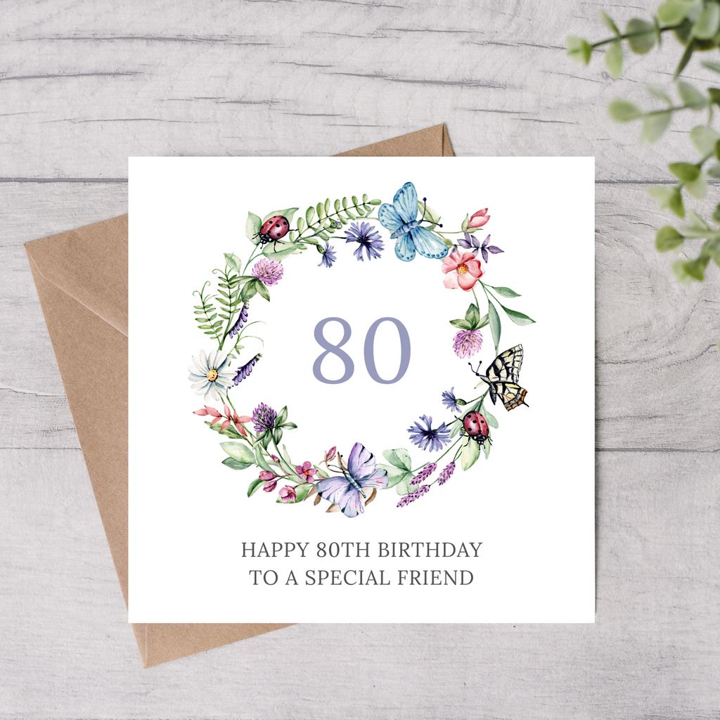 80th birthday card for special friend butterflies and flowers design