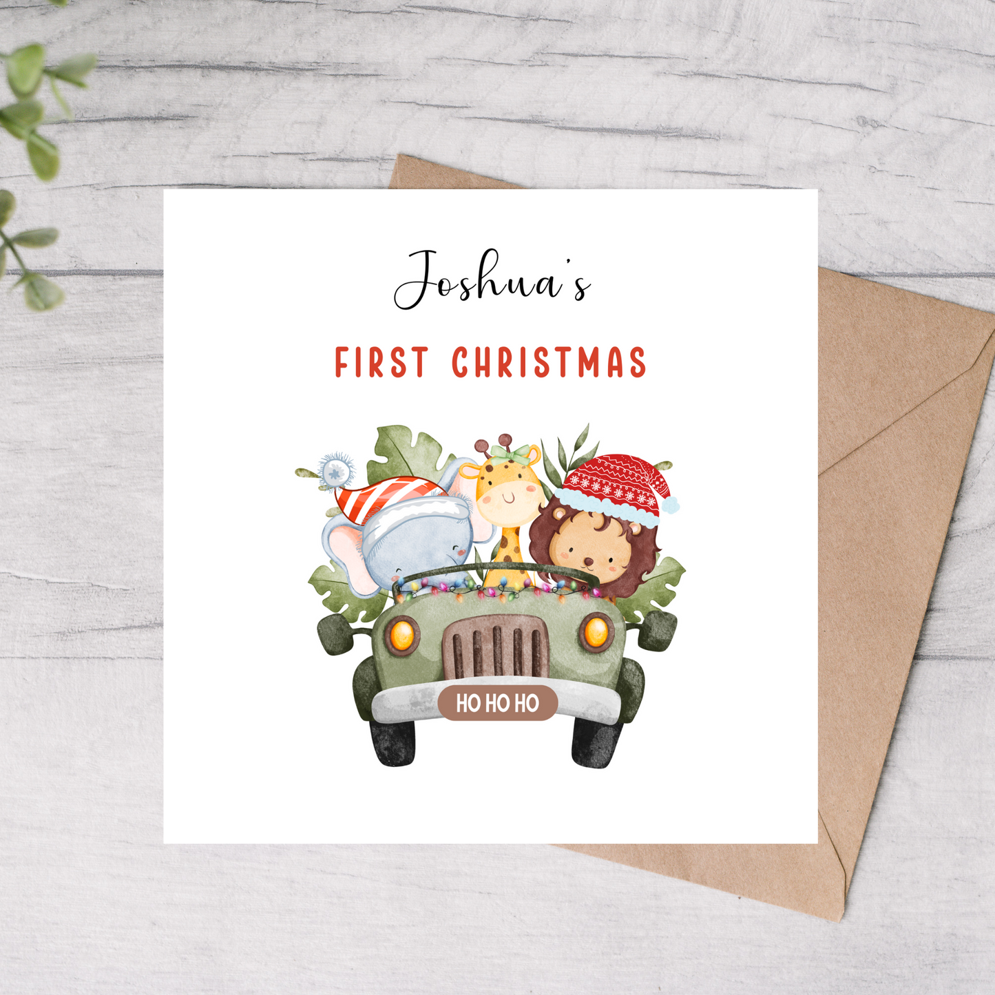 Personalised Baby's first christmas card safari