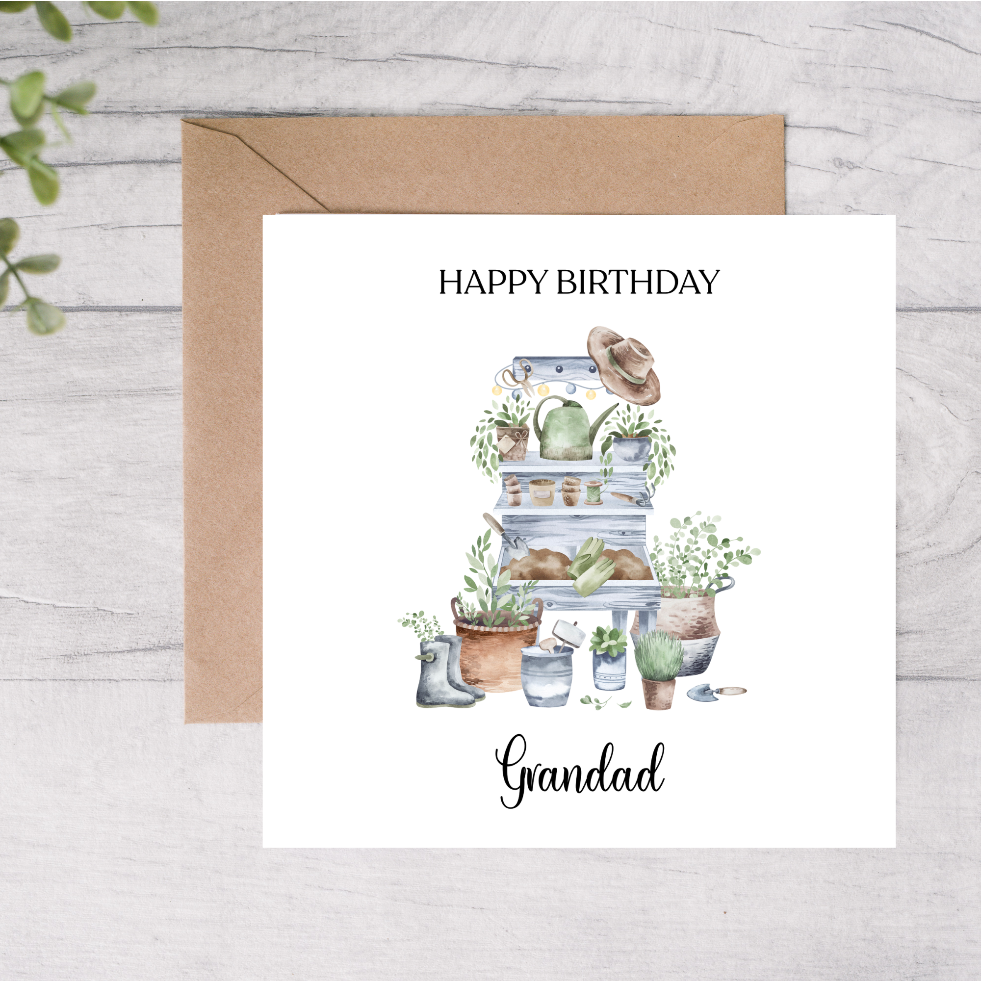 Grandad birthday card with gardening design, plants and wellies