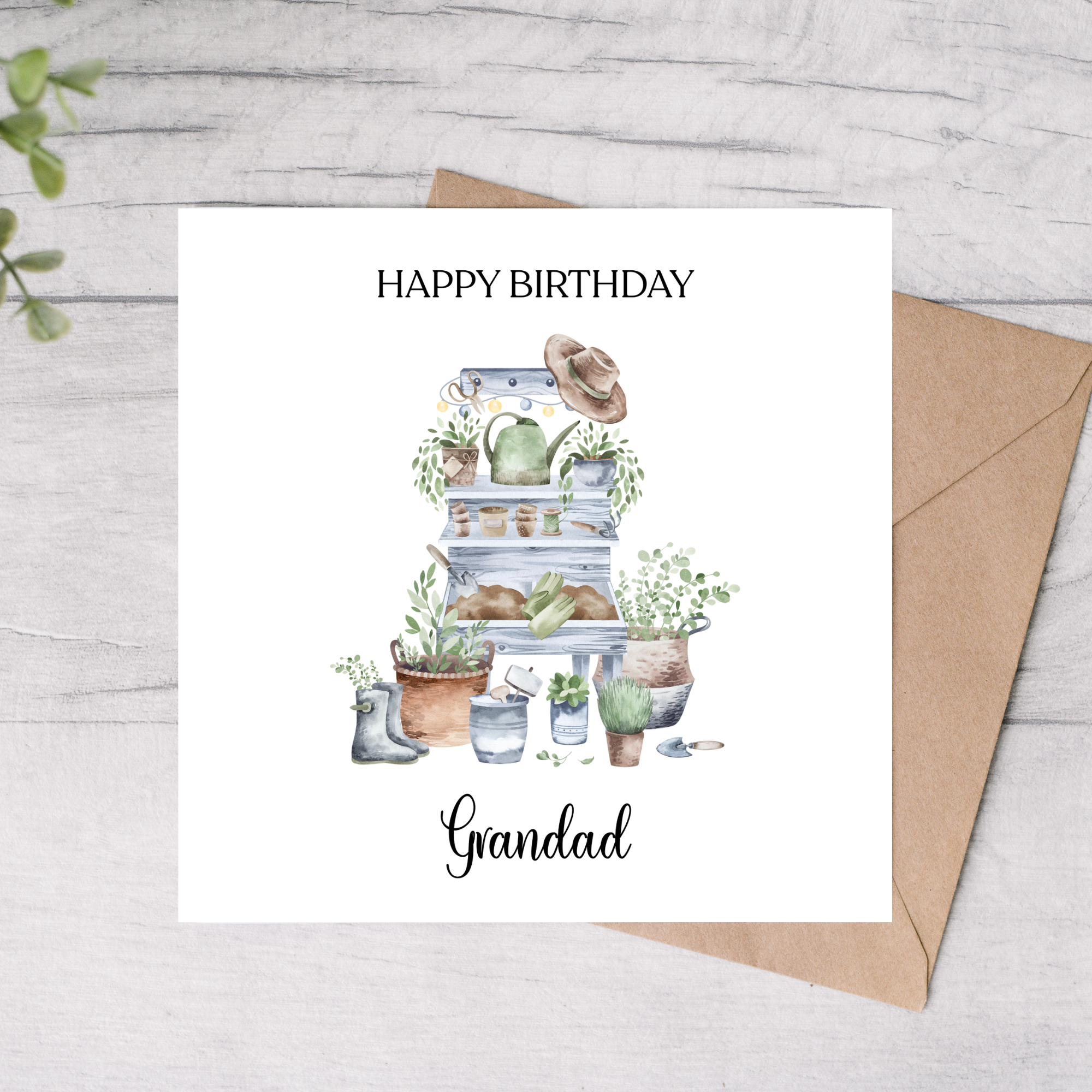Grandad birthday card with gardening design, plants and wellies