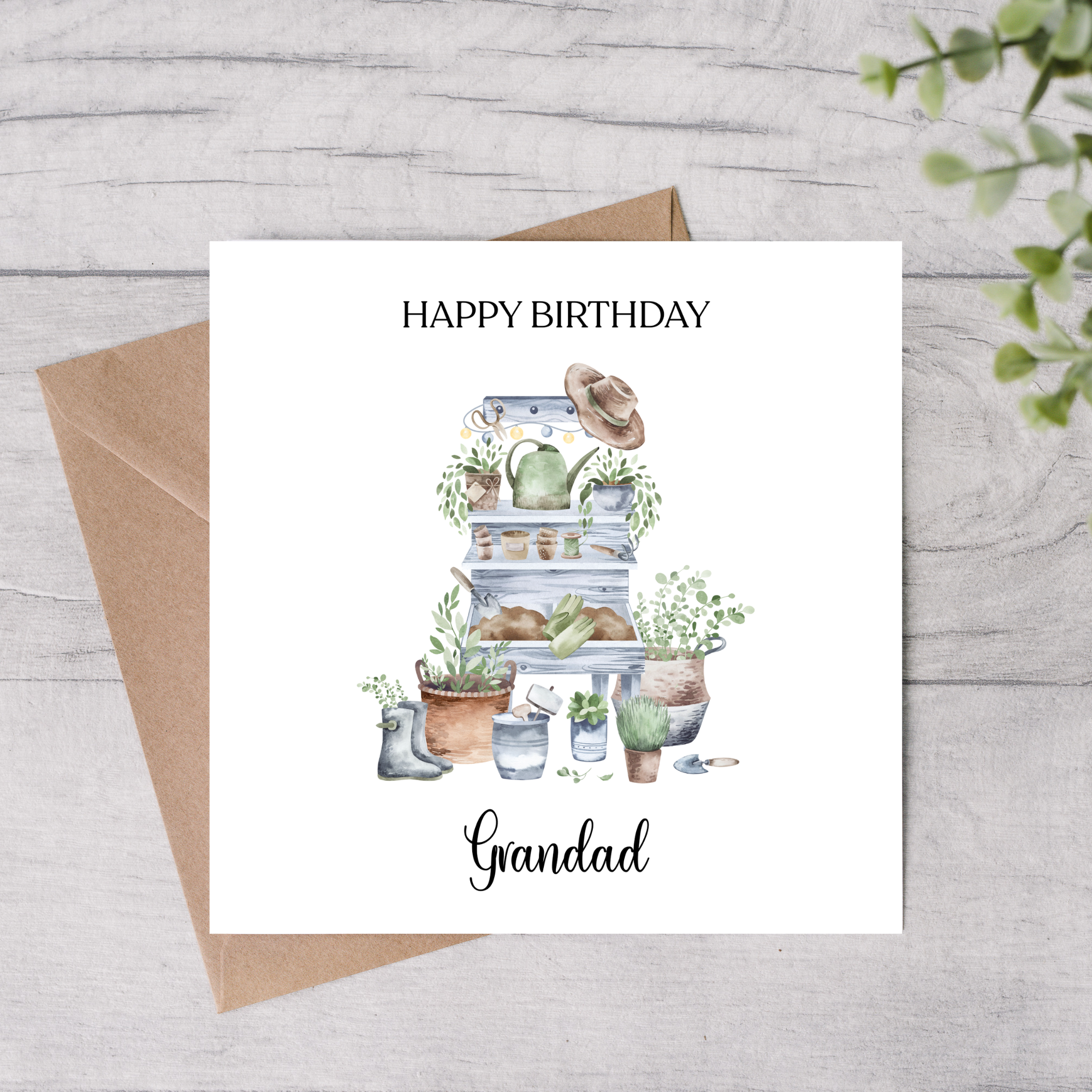 Grandad birthday card gardening design with plants and wellies
