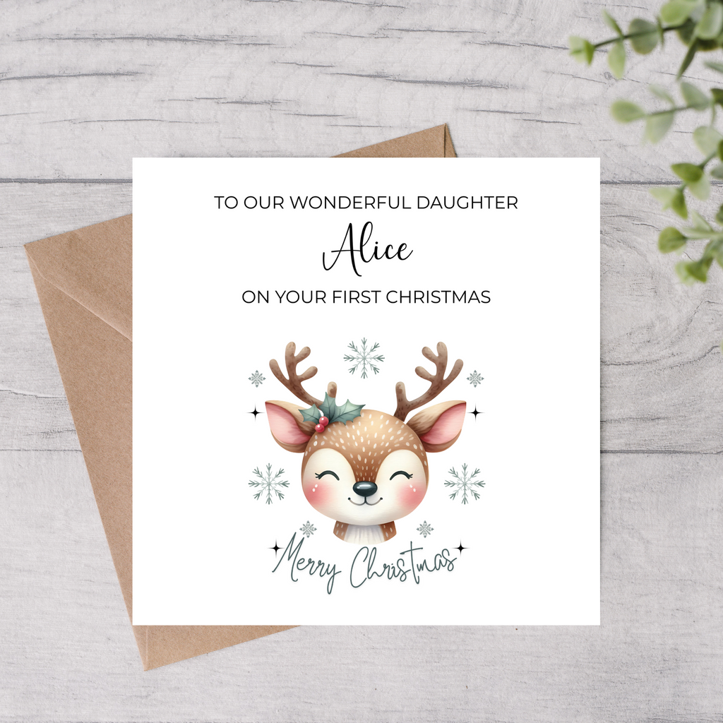 Daughter's first Christmas personalised card with a reindeer illustration 