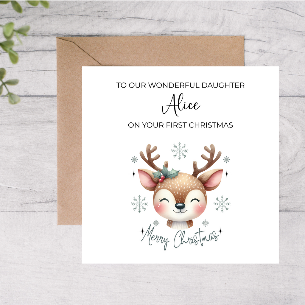 Daughter first Christmas reindeer card personalised 