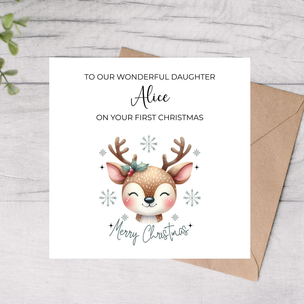Daughter first Christmas card with a reindeer illustration and custom name