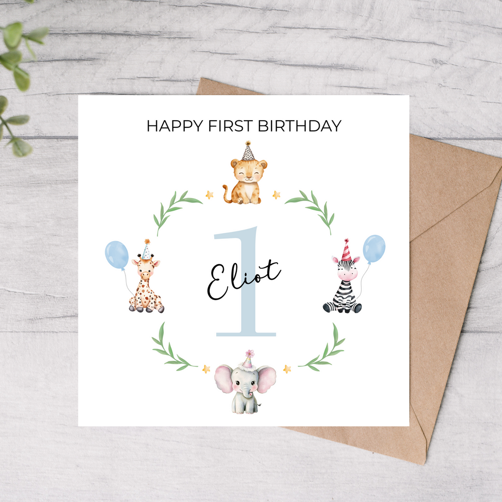 Boy first birthday card with a safari animals design 