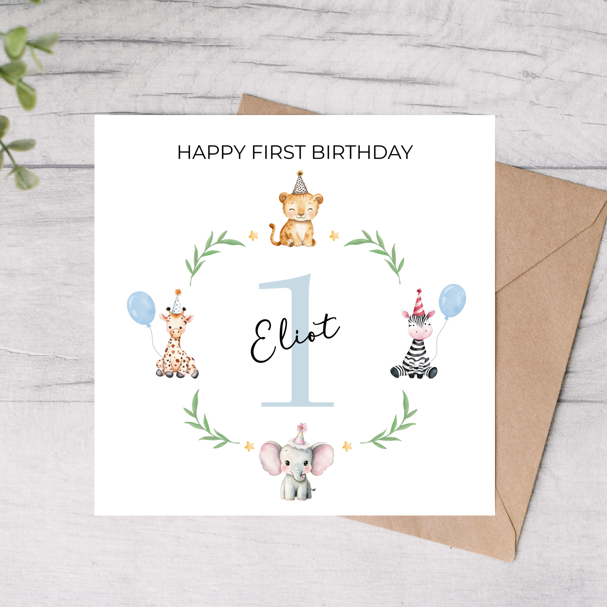 Boy first birthday card with a safari animals design 
