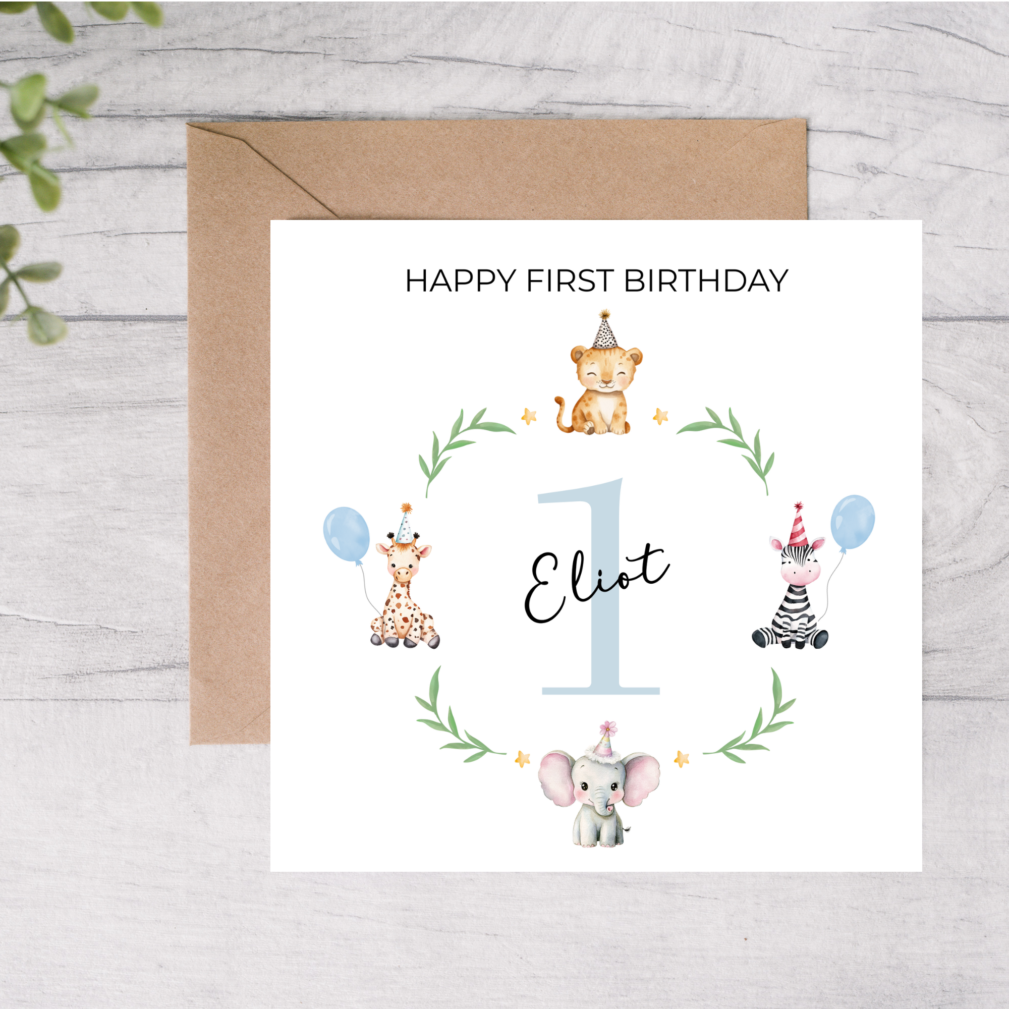 Boy first birthday card with safari animals design personalised card
