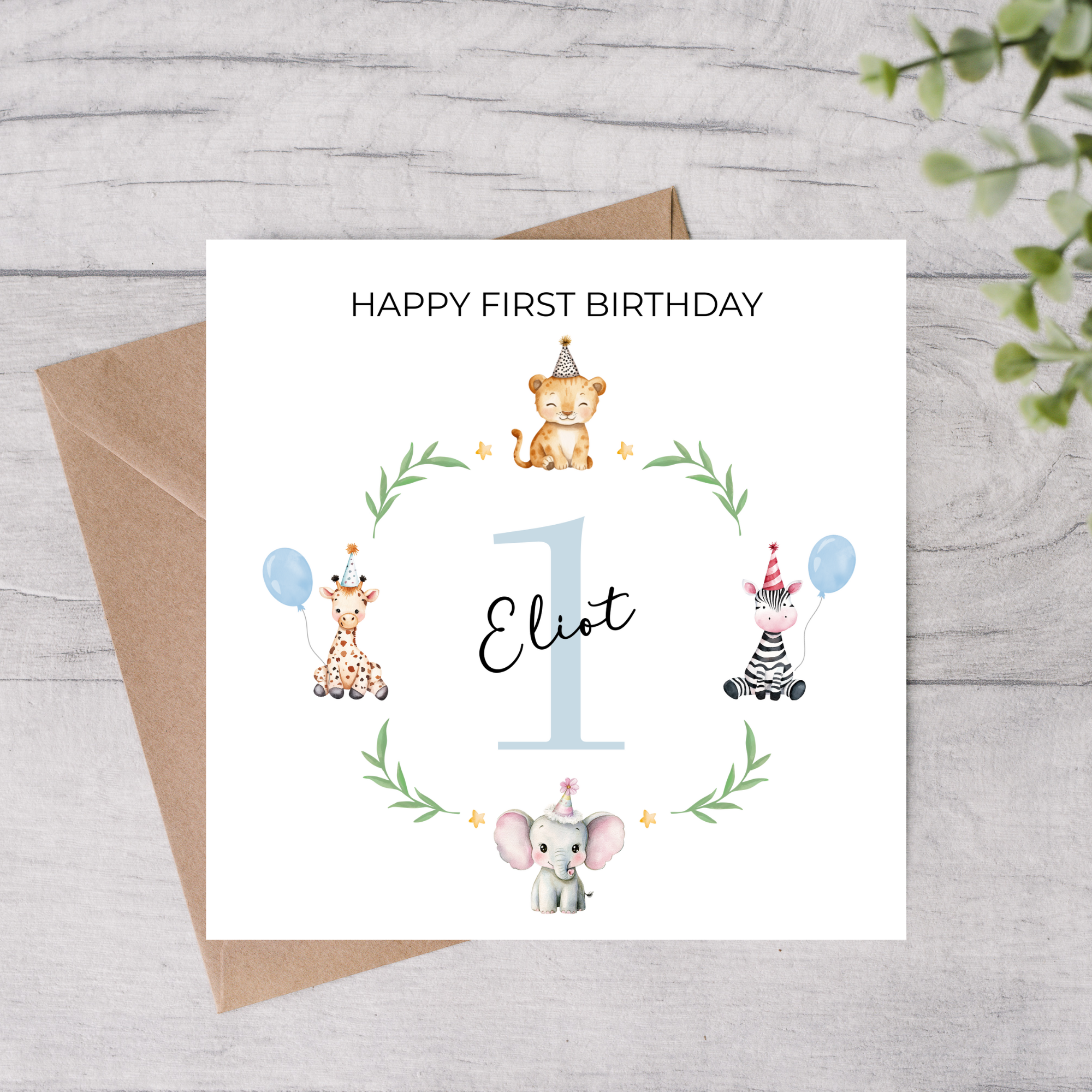 Boy first birthday card with a safari animals design custom name card