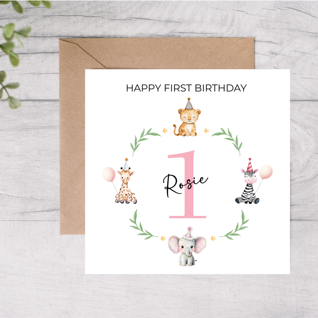 Personalised first birthday card with a safari animals design