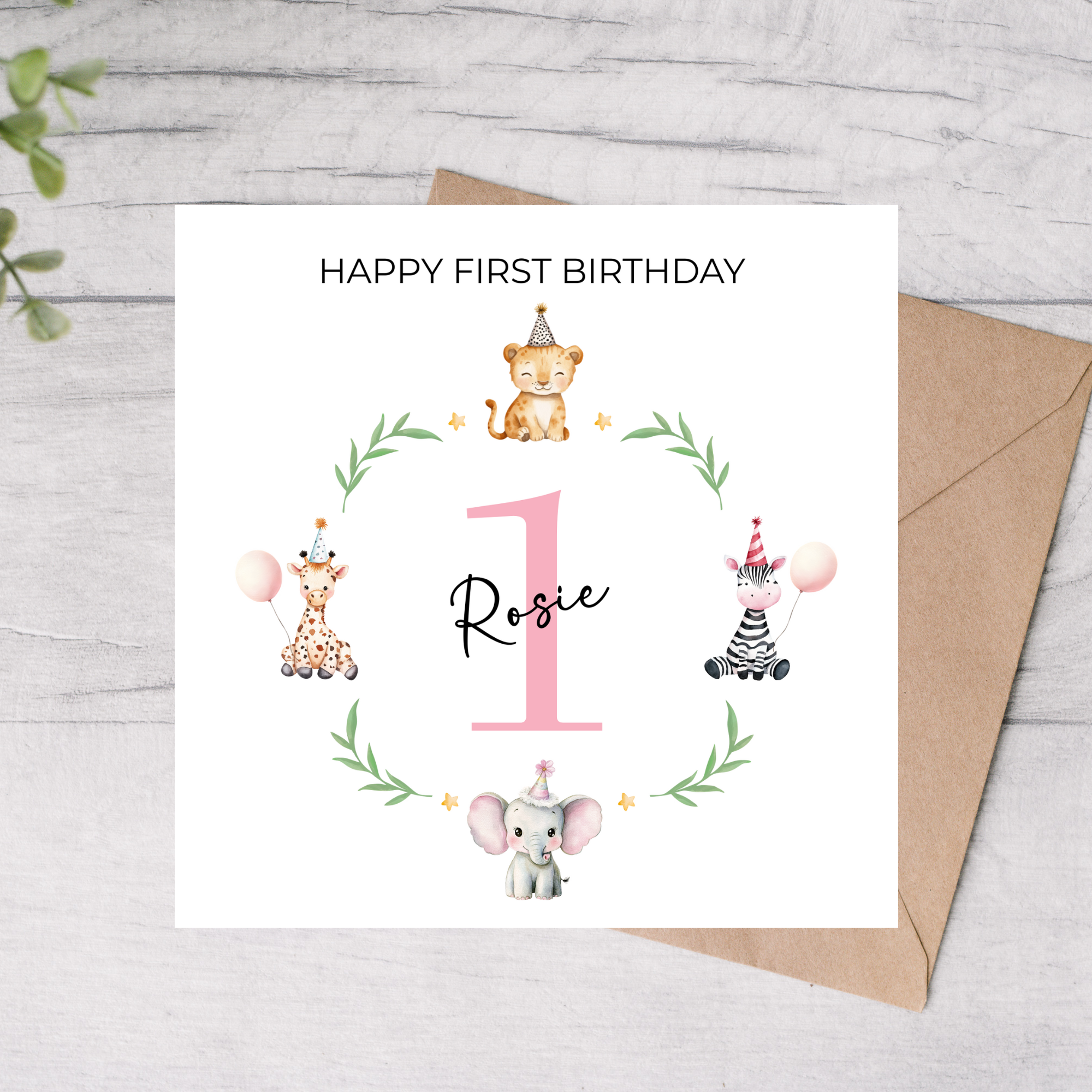 Personalised first birthday card with safari animals