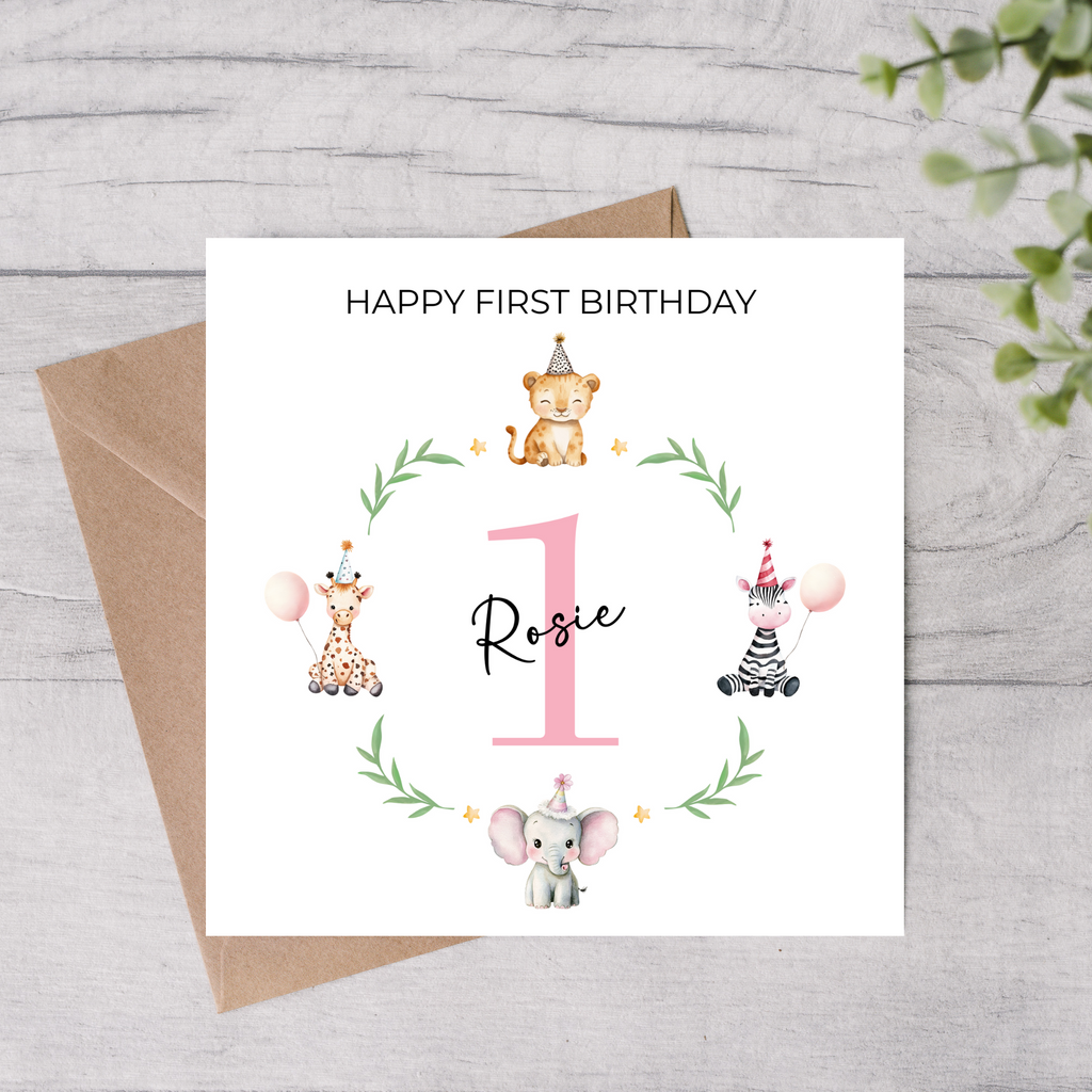 Personalised first birthday card with safari animals design