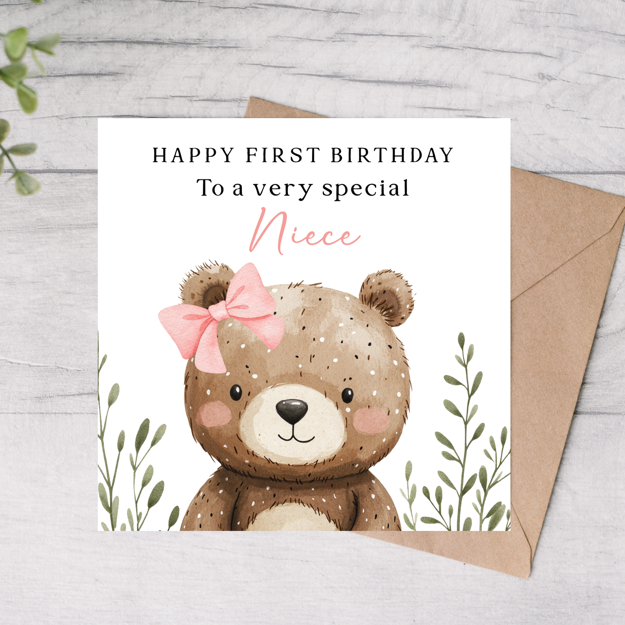 Niece first birthday card with bear design