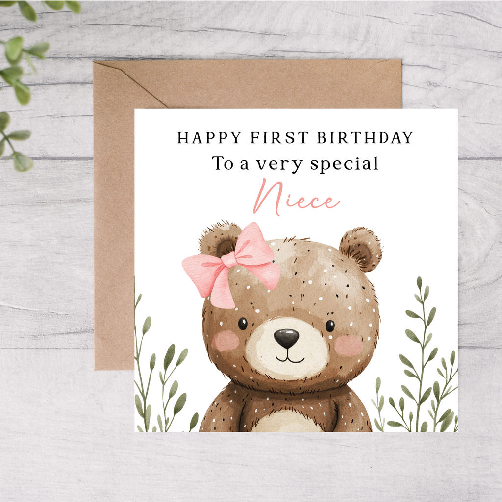 Niece first birthday card bear design 
