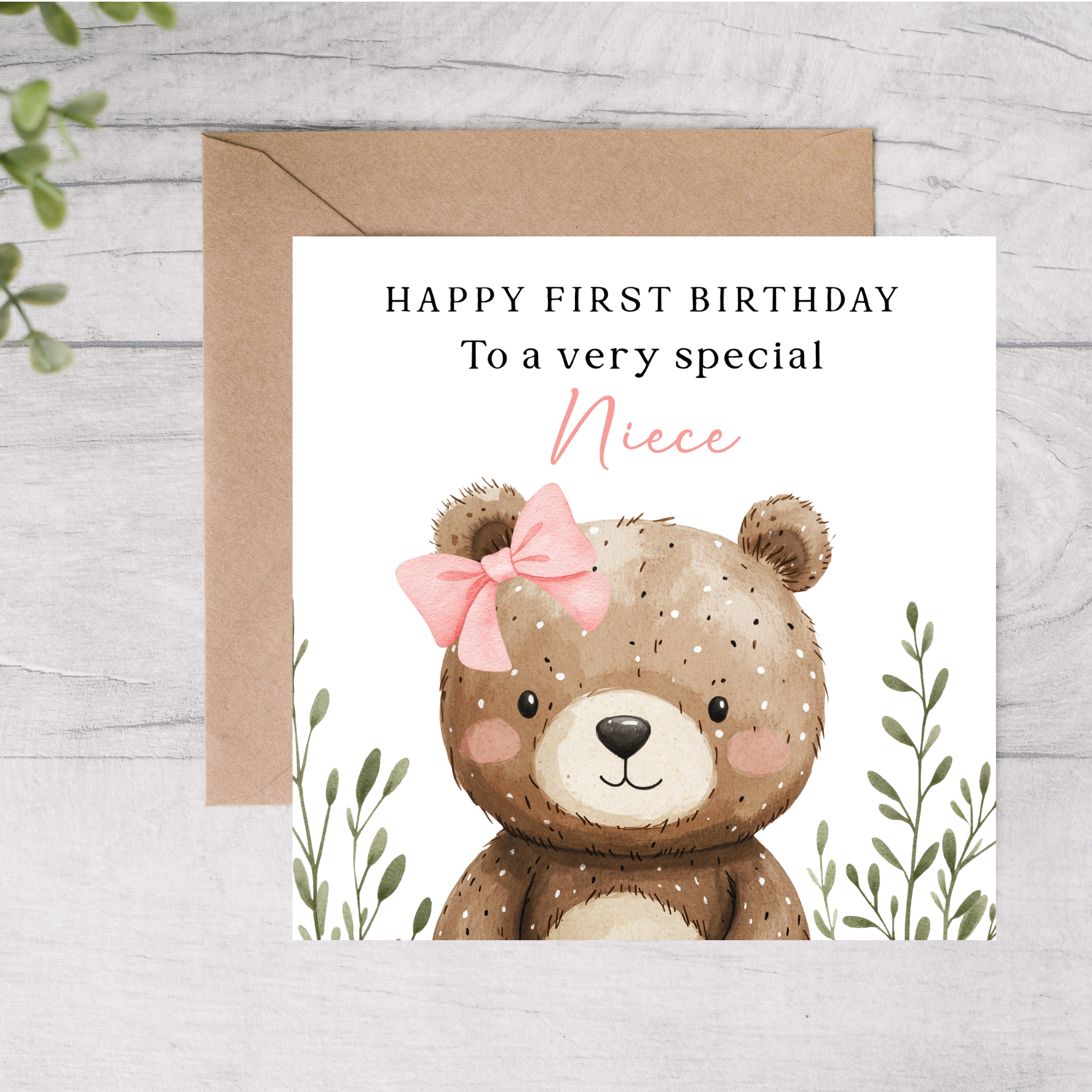 Niece first birthday card bear design 