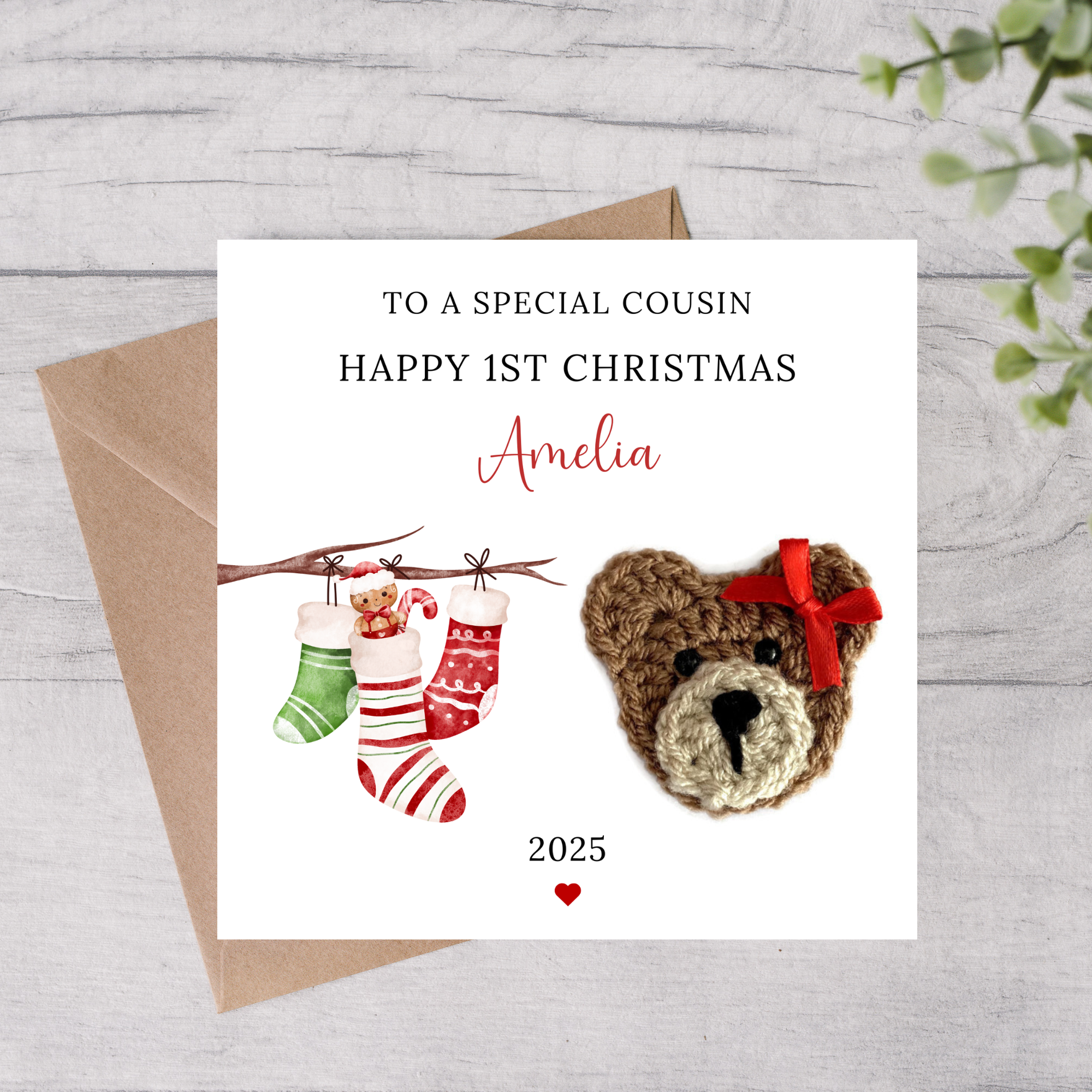 Cousin first Christmas card personalised bear card