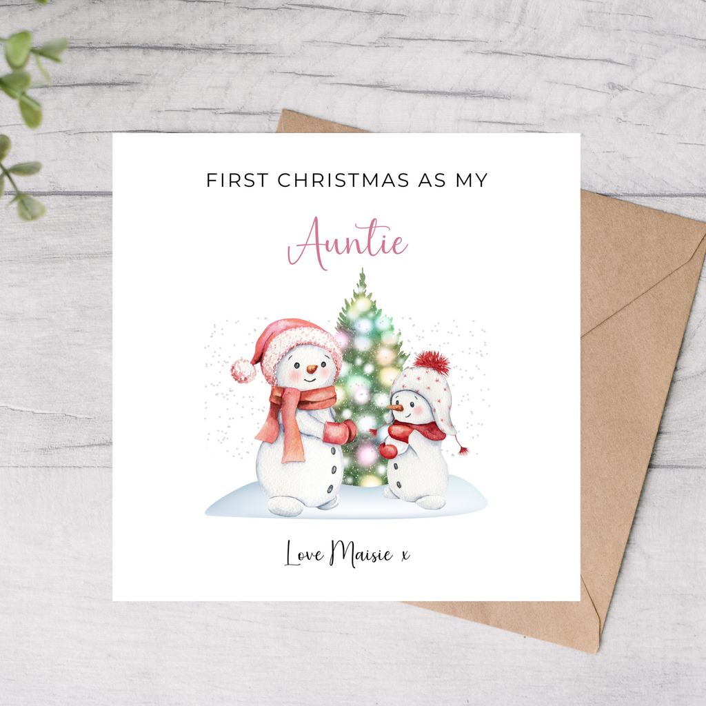 Auntie first Christmas card with two snowmen and a tree 