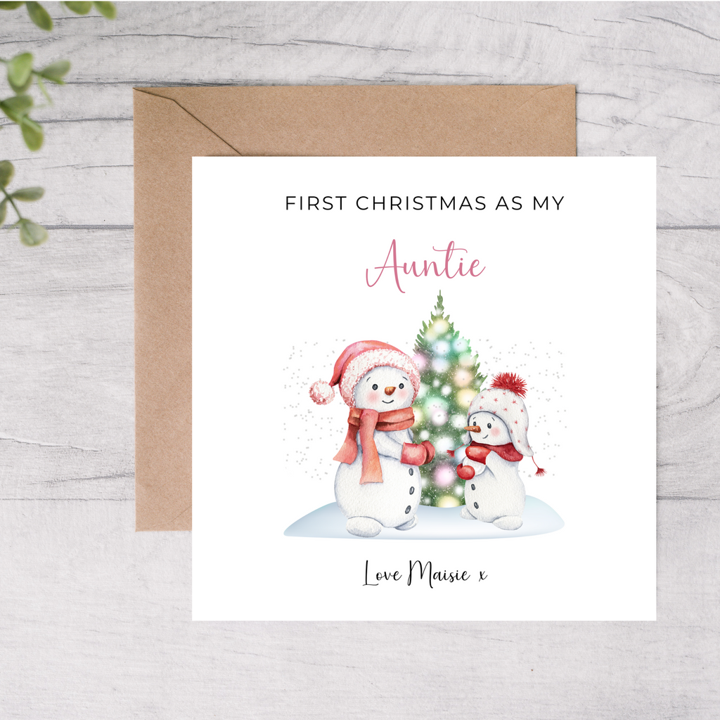 Auntie first Christmas personalised card with two snowmen and a tree
