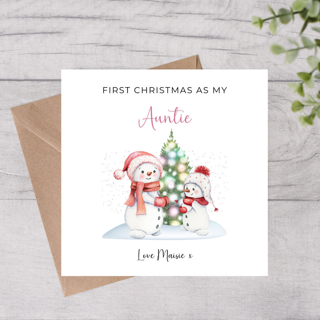 Auntie first Christmas card personalised with name, snowmen and Christmas tree