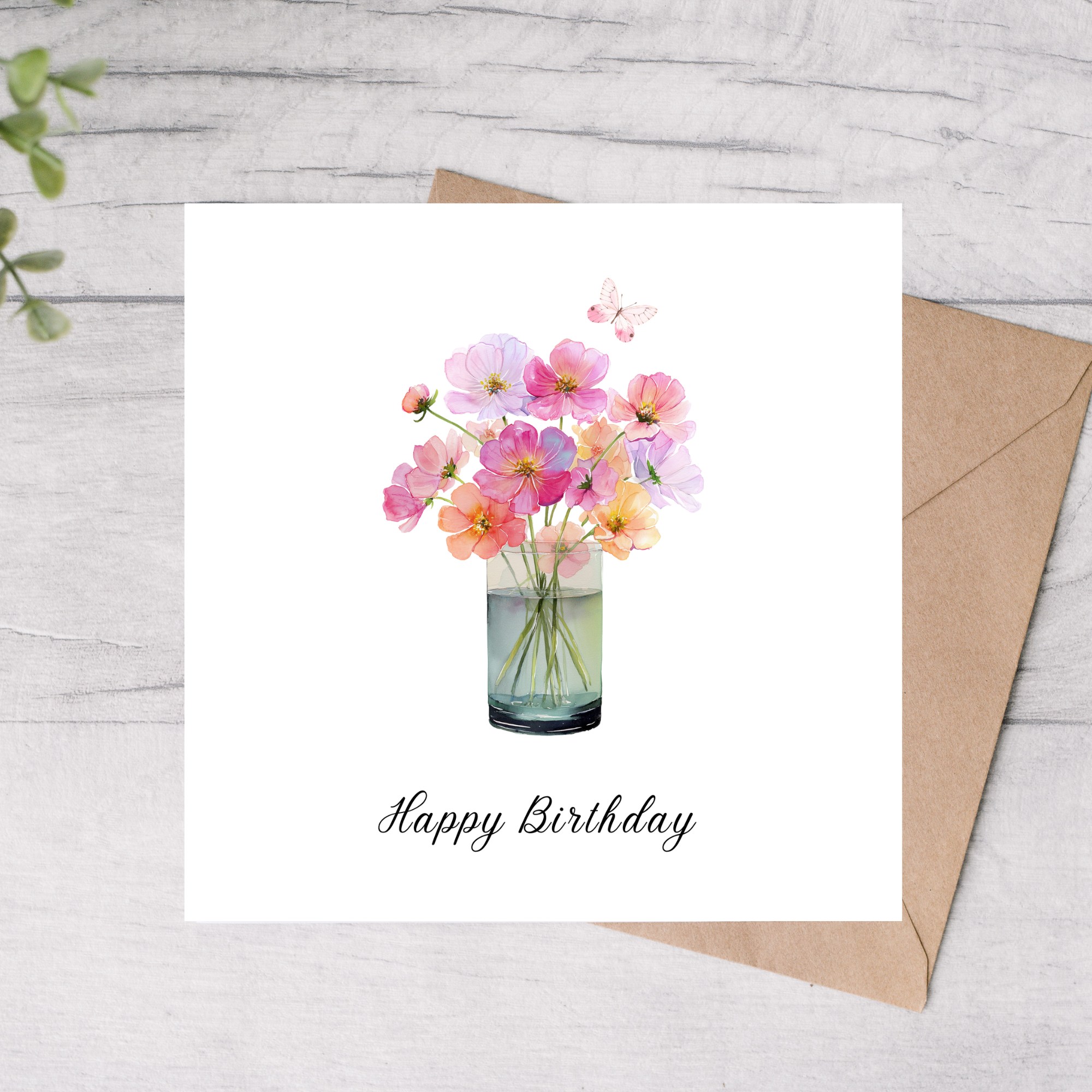 Birthday card with a bouquet of flowers and 'Happy Birthday' 