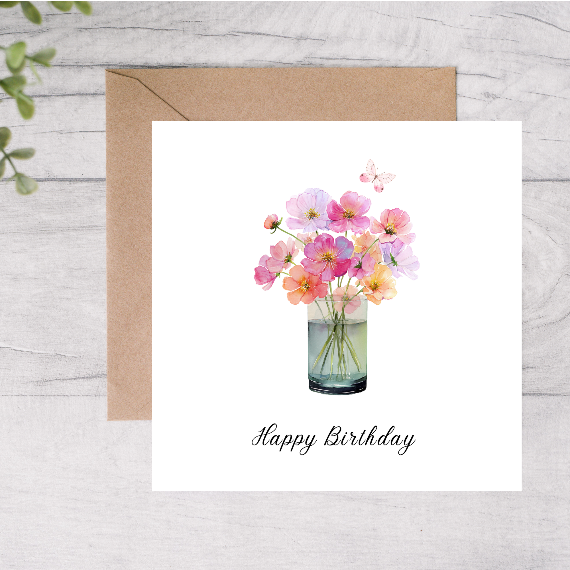 Birthday card with flowers and 'Happy Birthday' underneath