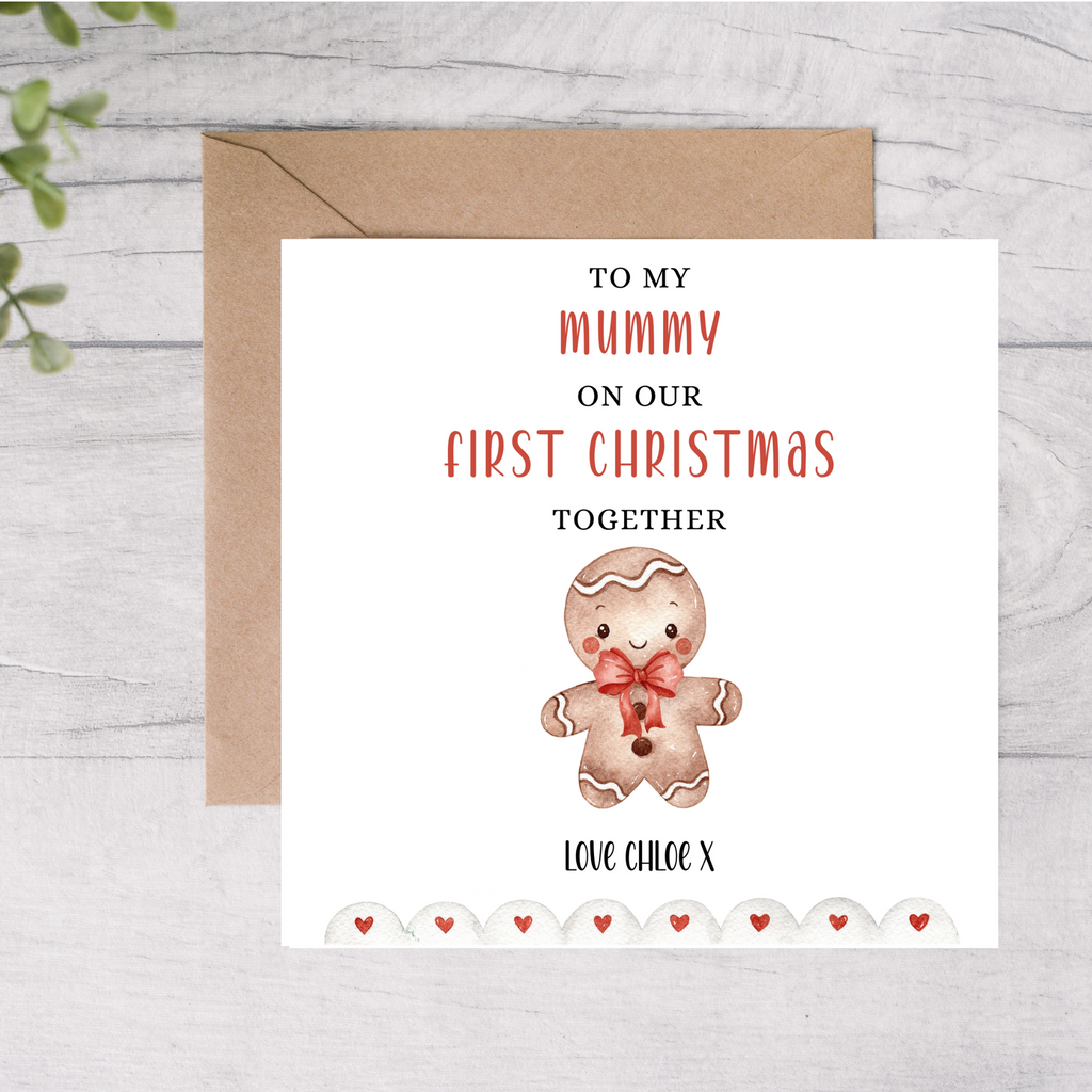 Personalised mummy first Christmas card with gingerbread man design