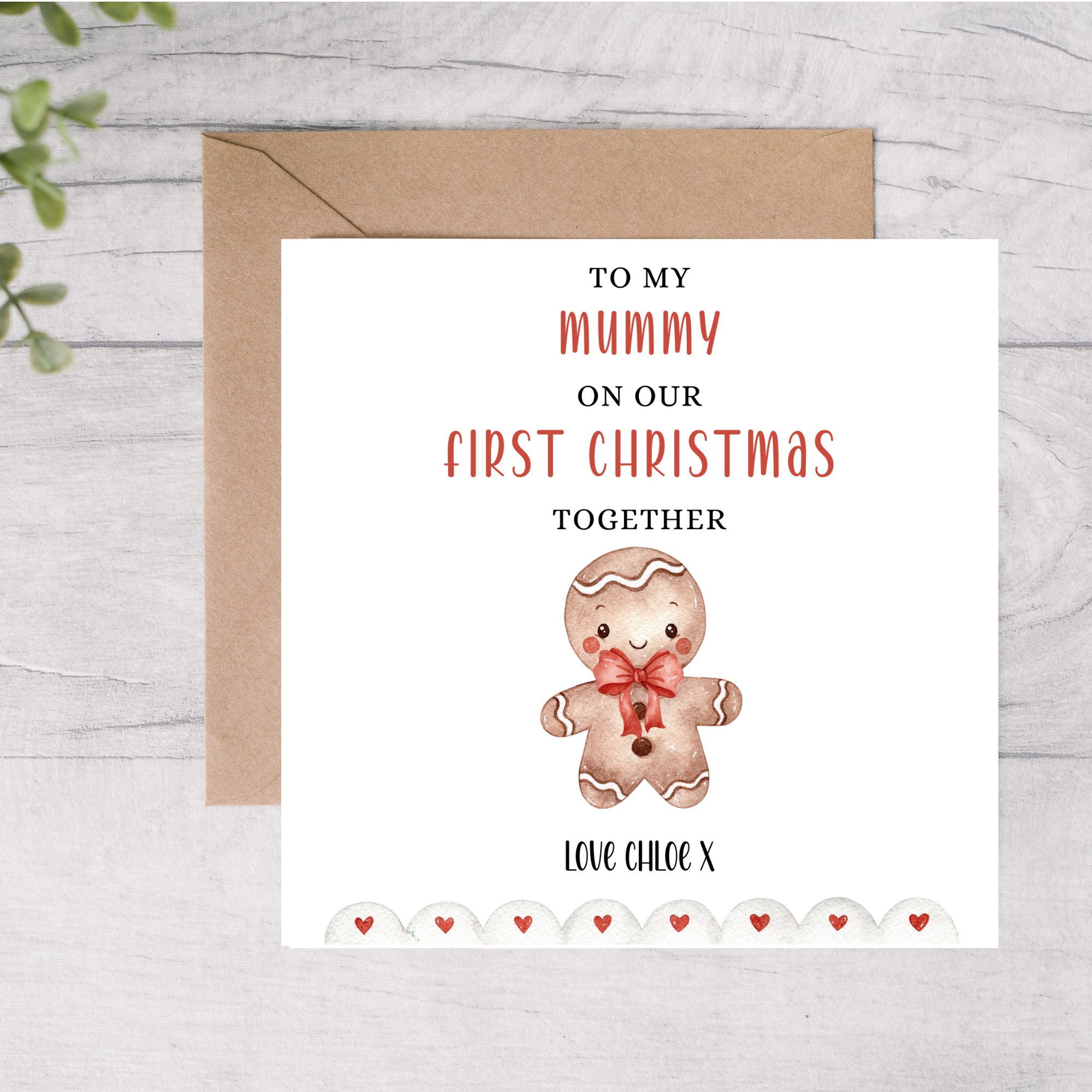 Personalised mummy first Christmas card with gingerbread man design