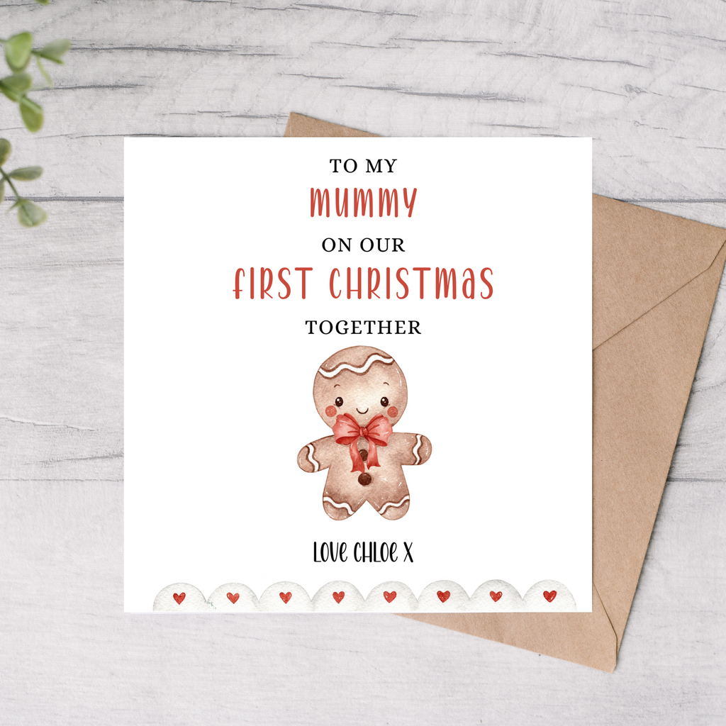 Personalised mummy first Christmas card with gingerbread illustration and custom name