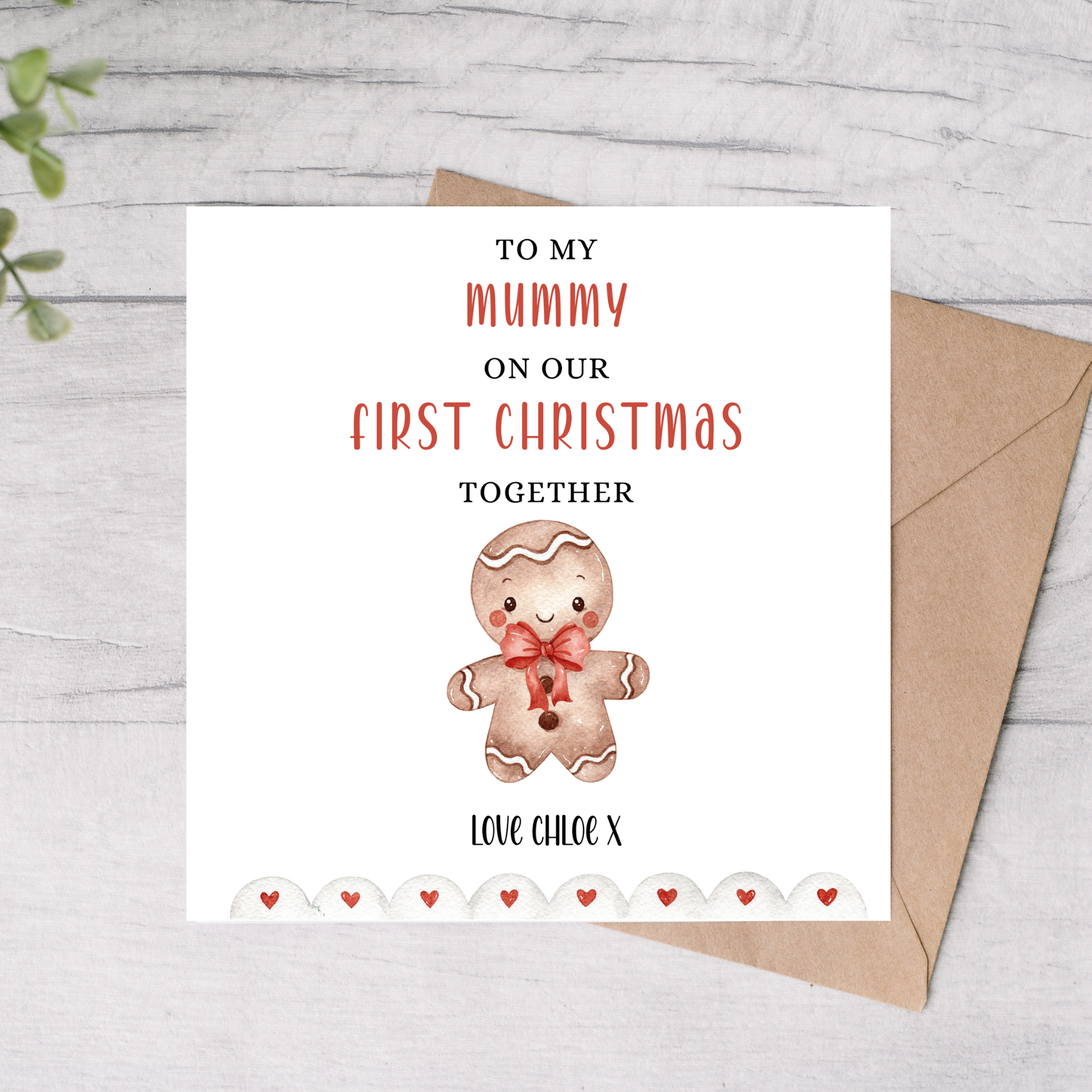 Personalised mummy first Christmas card with gingerbread illustration and custom name