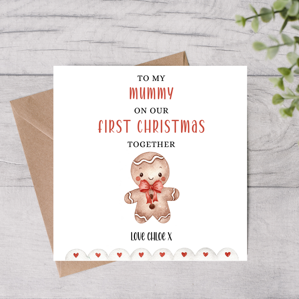 Personalised mummy first Christmas card with gingerbread man design and custom name

