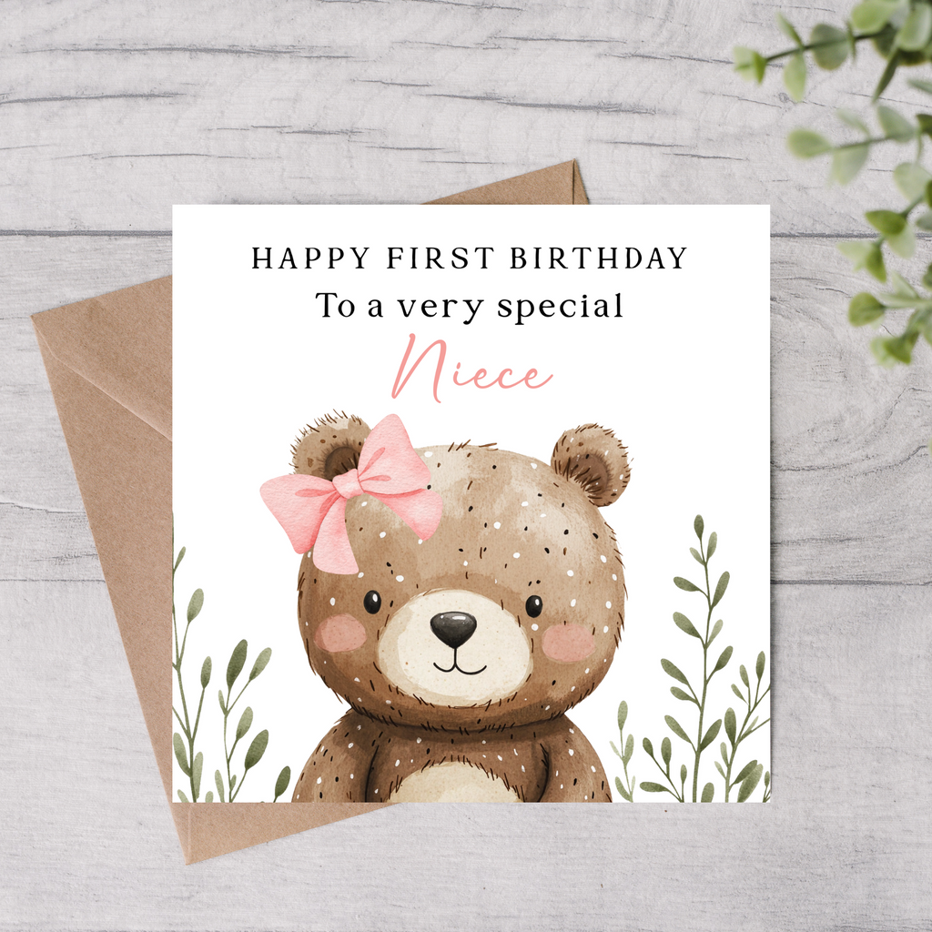 Niece first birthday card with bear design 