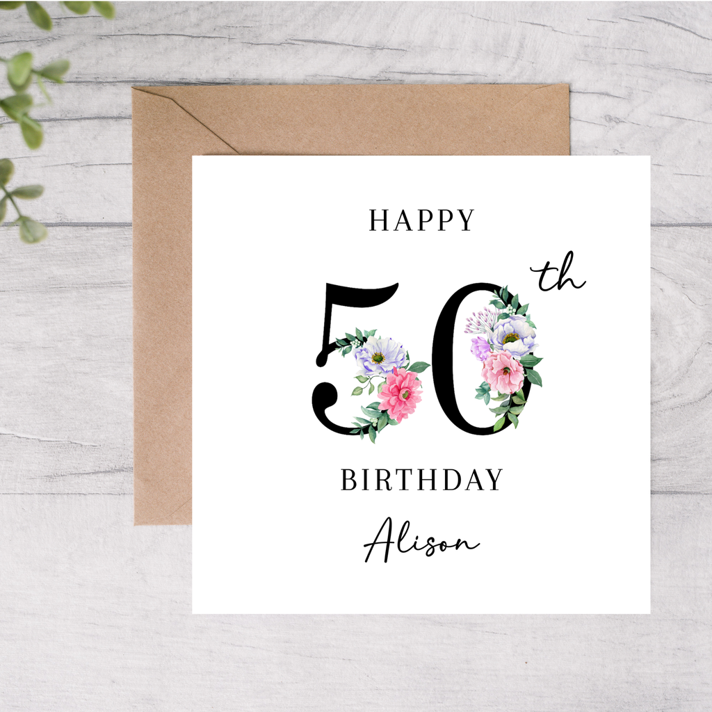 50th birthday card floral design with custom name