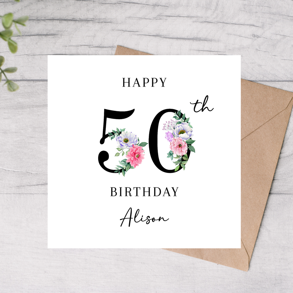 50th birthday card floral design personalised name