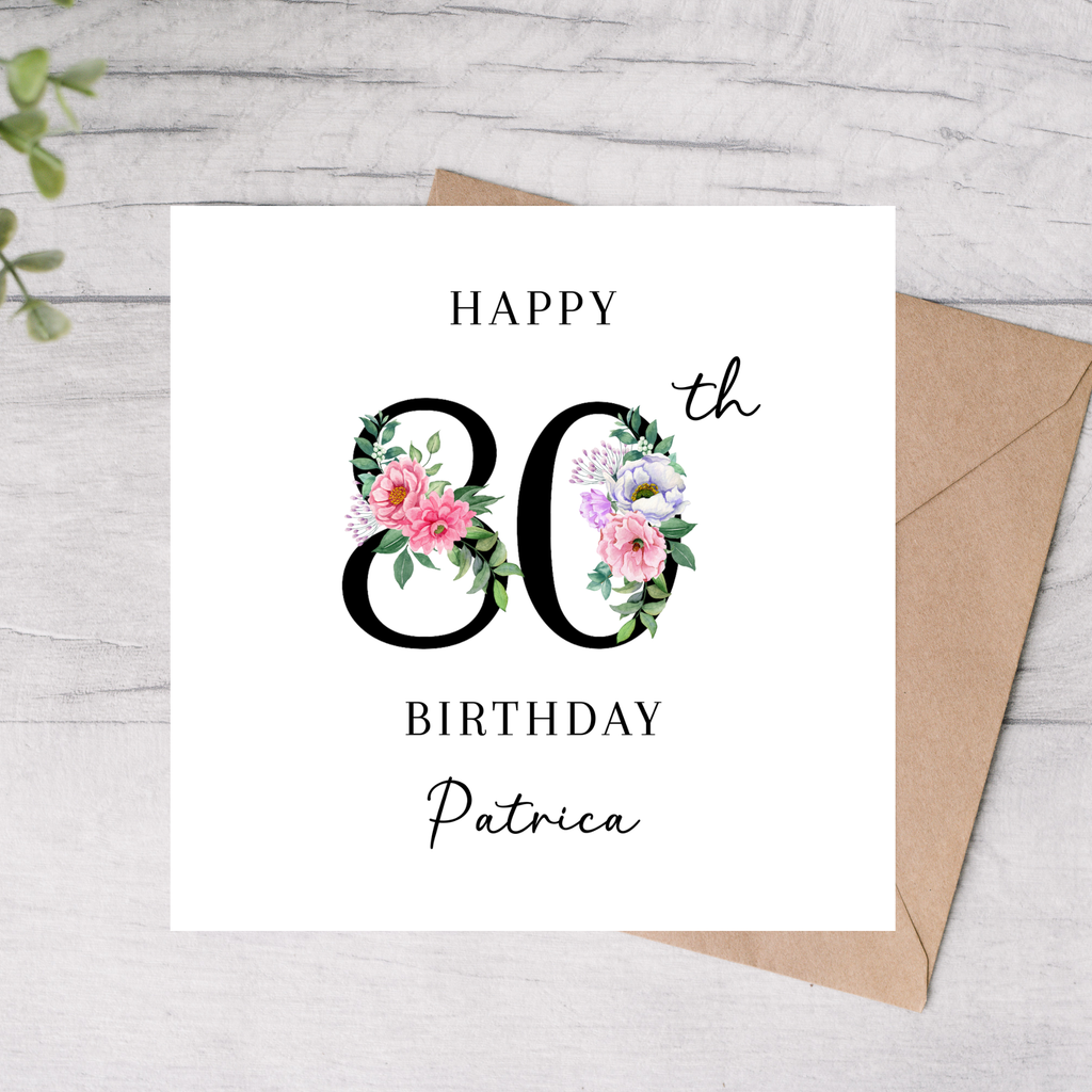 Personalised 80th birthday card with floral design