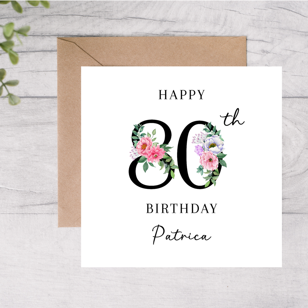 Personalised 80th birthday card with floral design custom name 