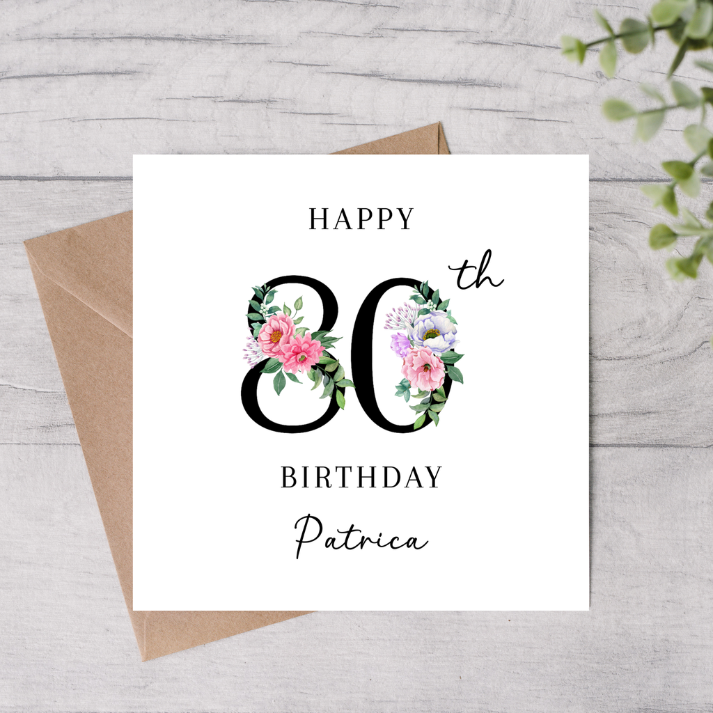 Personalised 80th birthday card floral design with name
