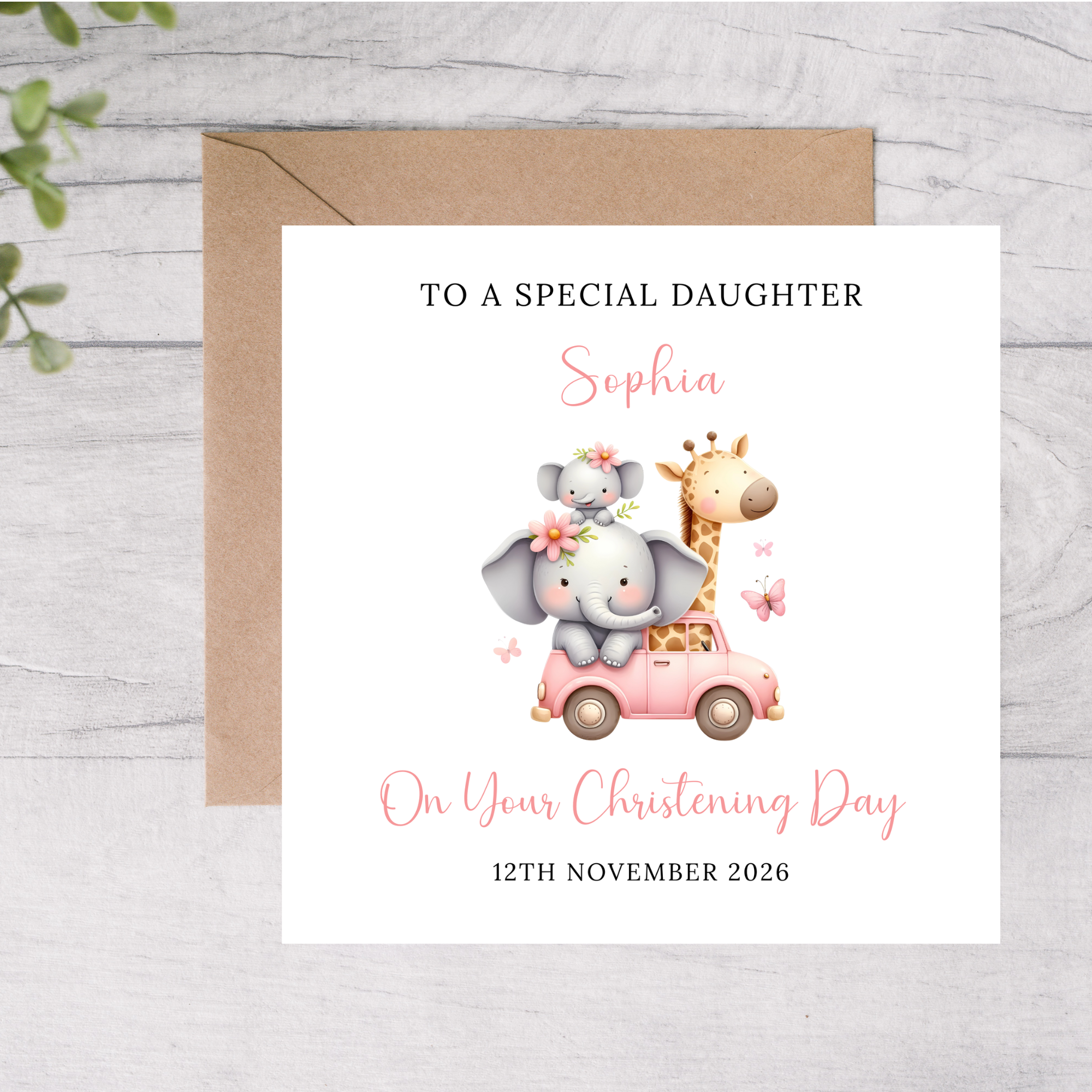 Daughter personalised christening card with a sweet animal design 