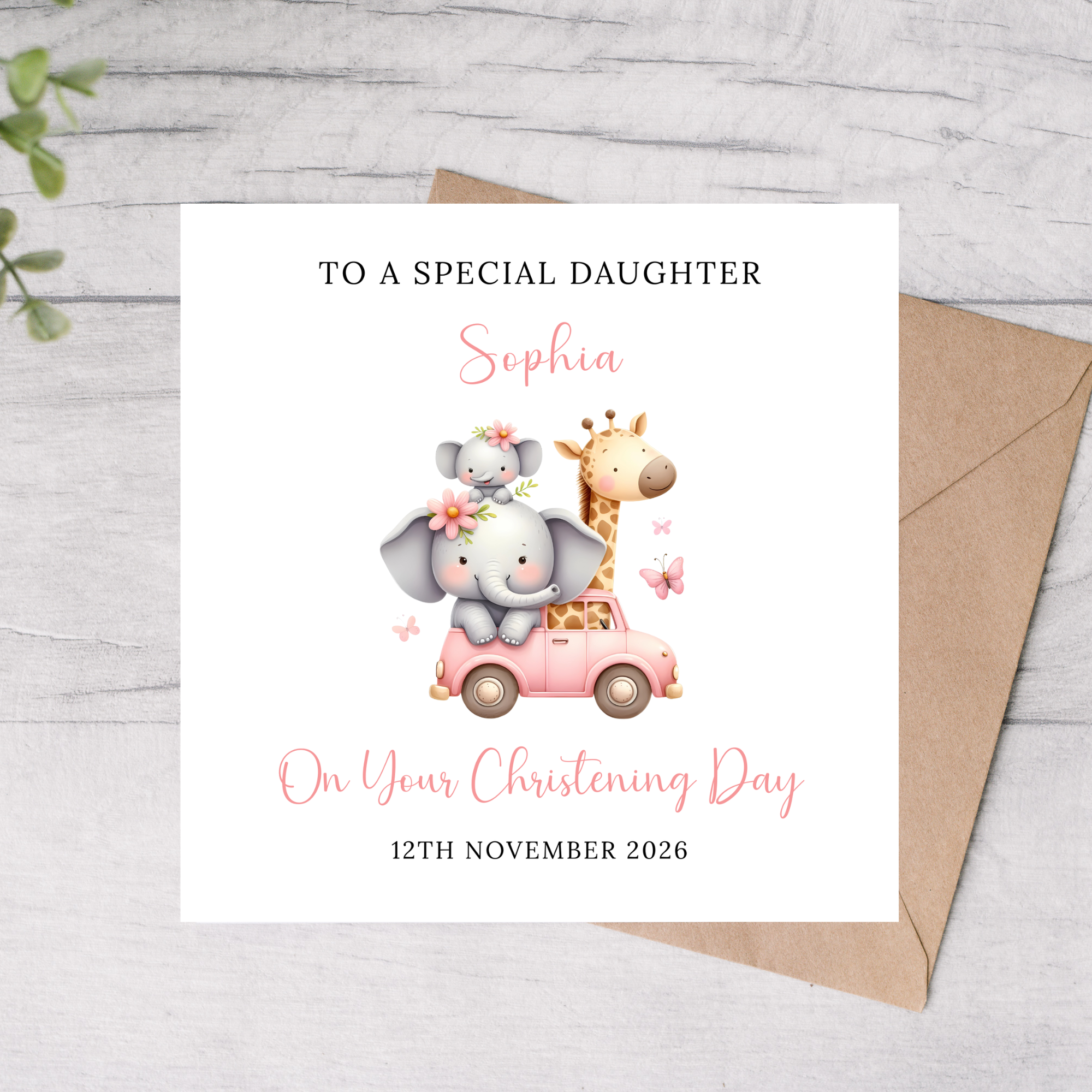 Daughter christening card personalised name and date with a sweet animal design 