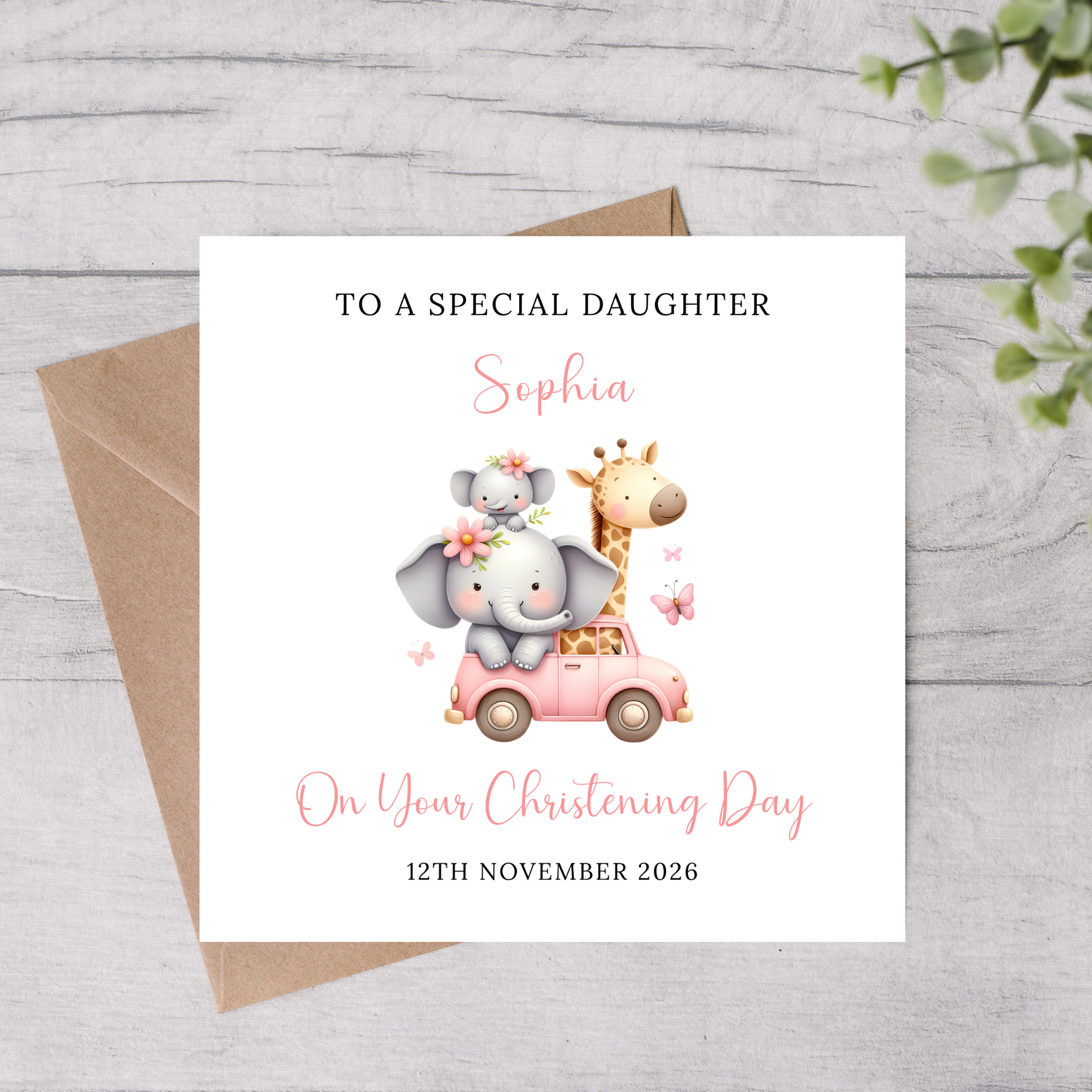 Daughter personalised christening card with a sweet animal design custom name and date