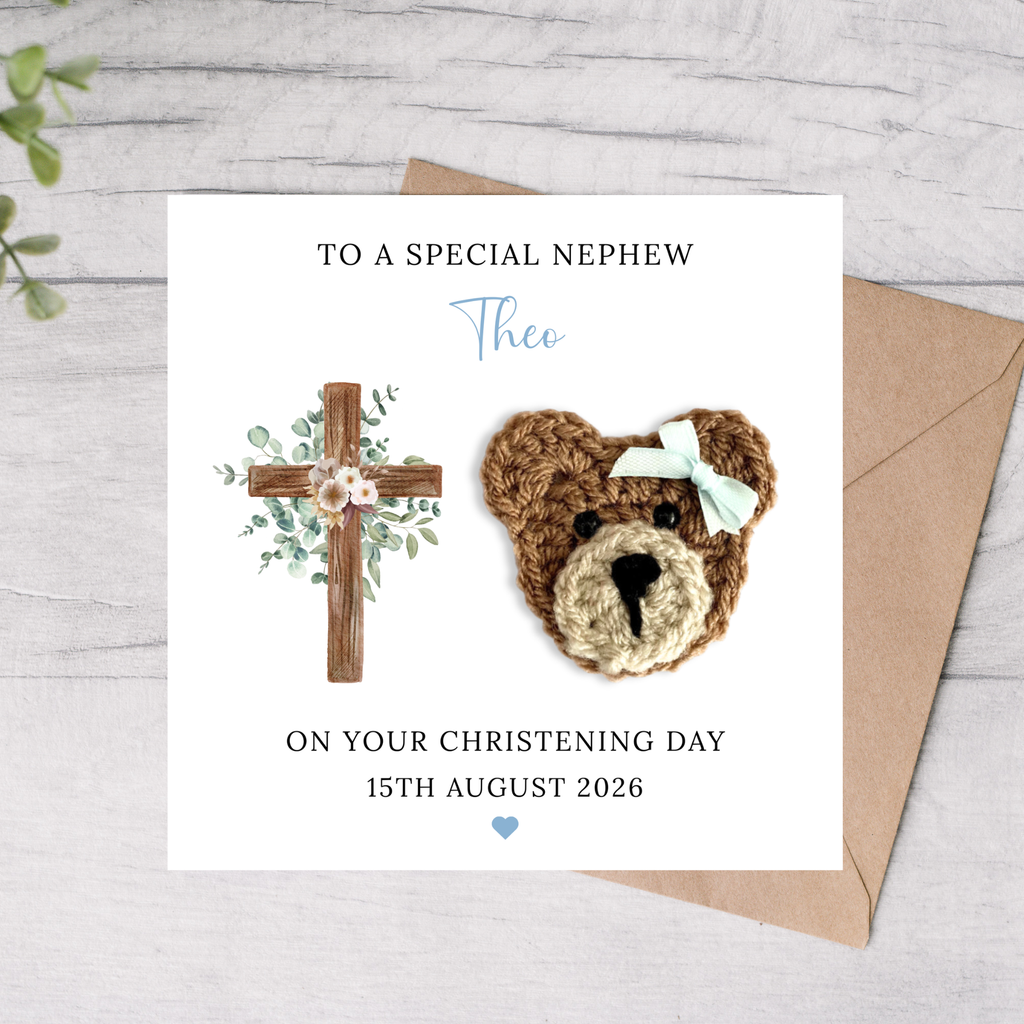 Personalised nephew christening card with crochet bear and cross design
