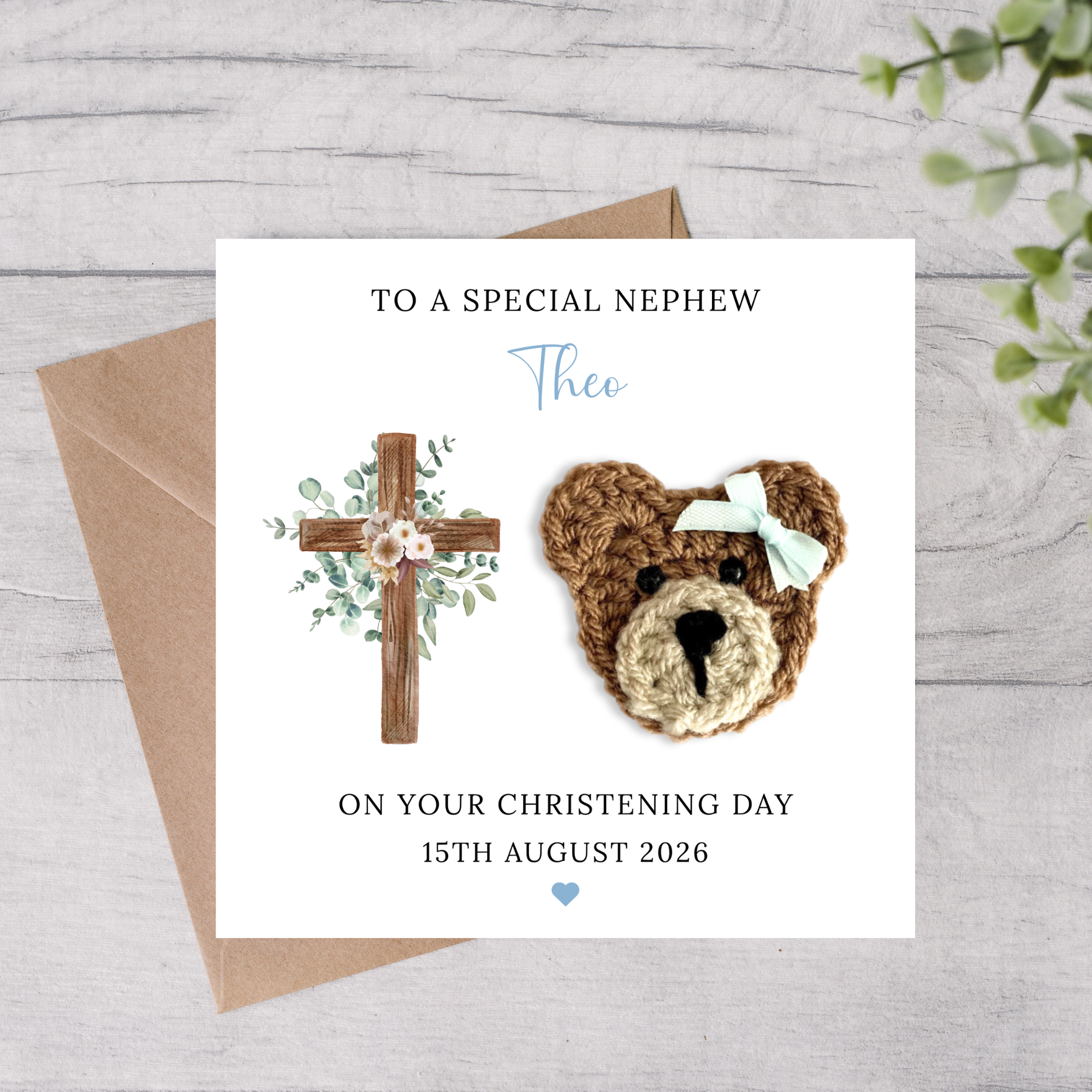 Nephew personalised christening greeting card with crochet bear and cross design