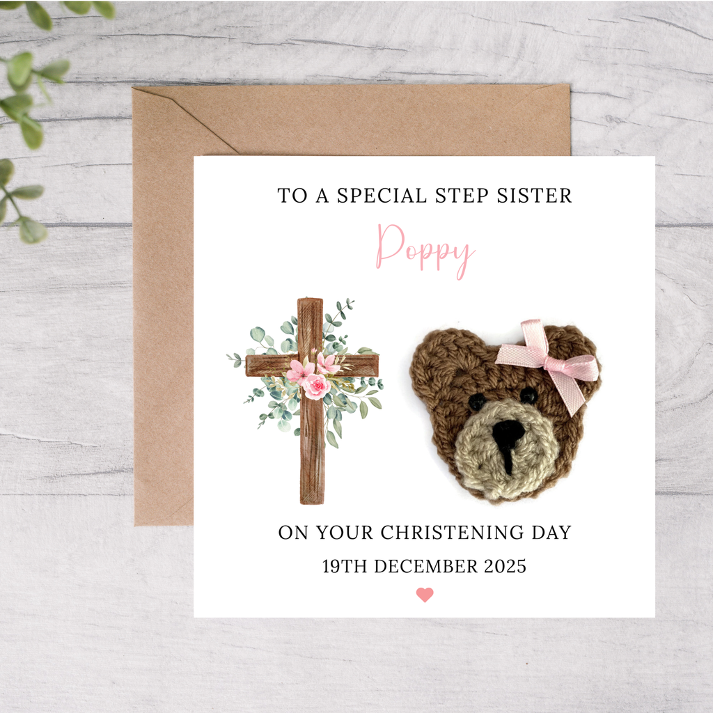 Step sister christening card with bear and cross design 