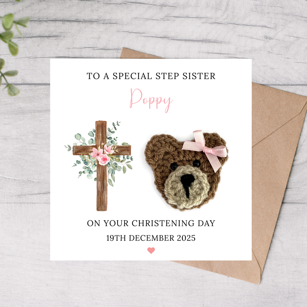 Step sister personalised christening card with bear and cross design 