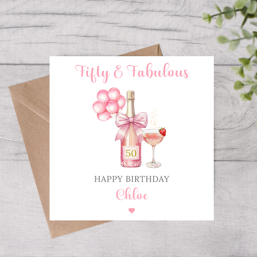 Personalised 50th Birthday card with pink champagne bottle, balloons, and a glass