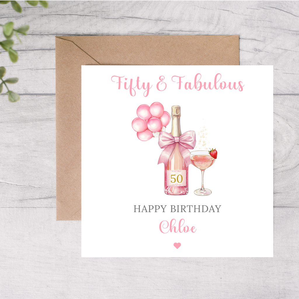 Personalised 50th Birthday card pink champagne bottle, balloons, and a glass
