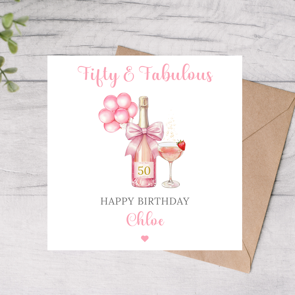 50th Birthday card personalised with pink champagne bottle, balloons, and a glass