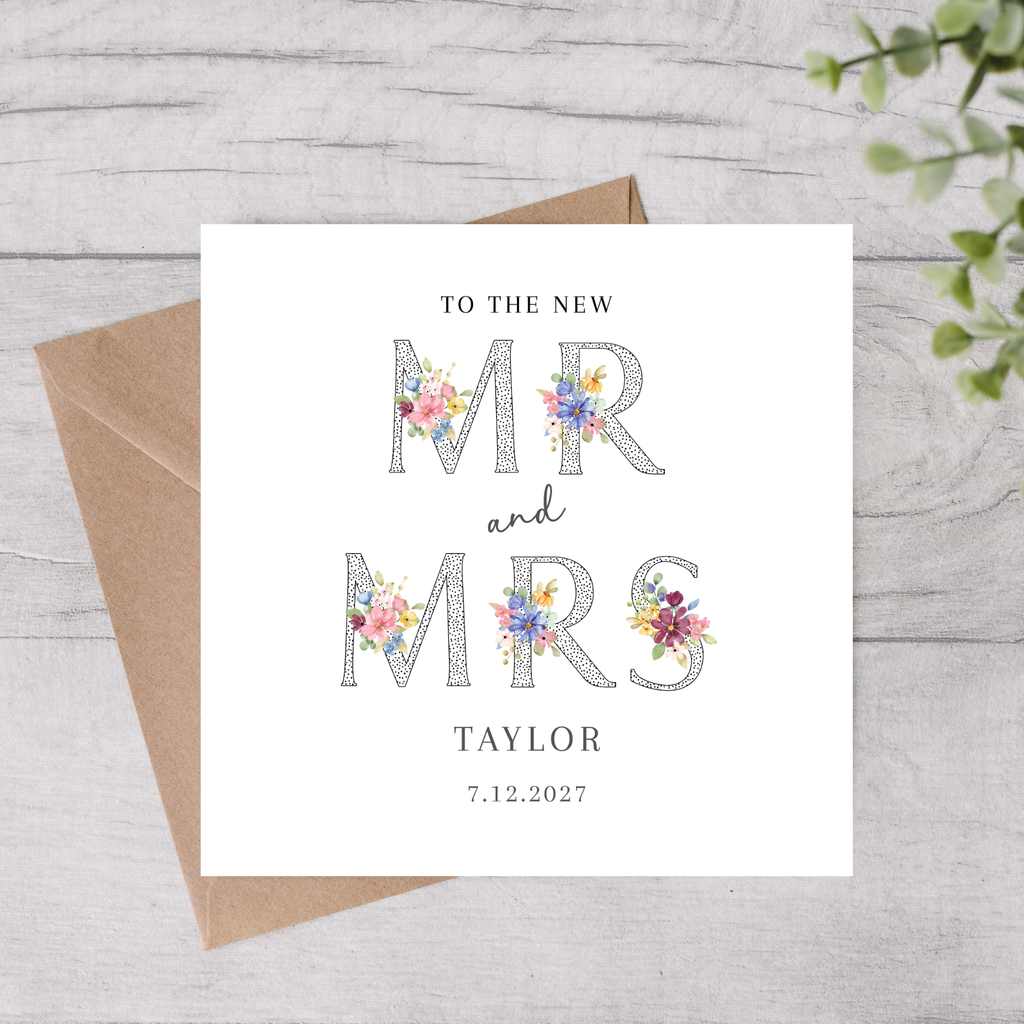 Personalised floral Mr & Mrs card with name and date