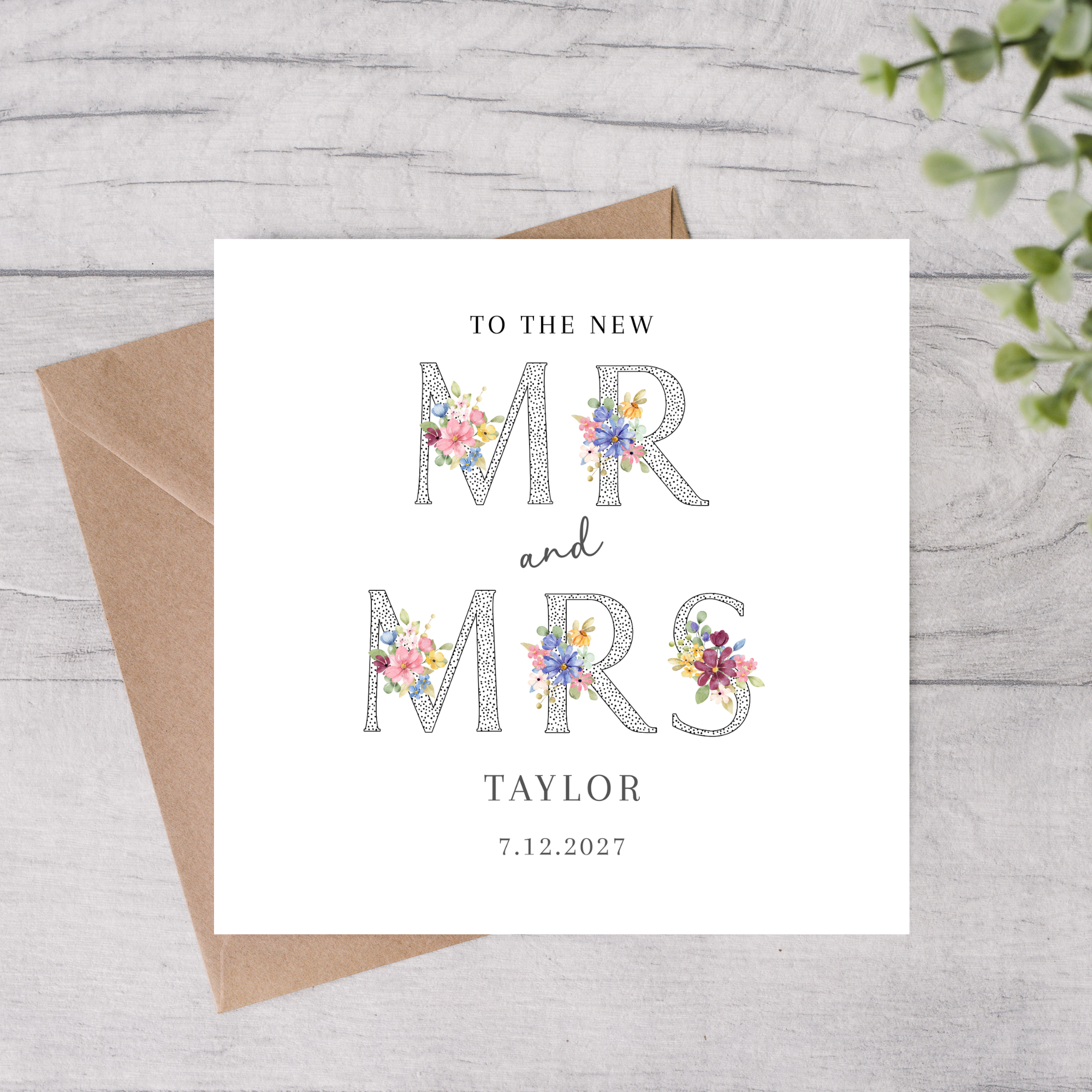 Personalised floral Mr & Mrs card with name and date