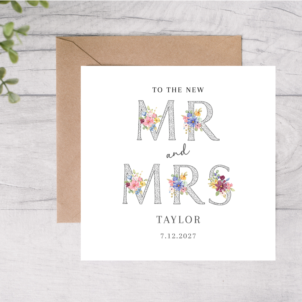 Personalised floral Mr & Mrs card custom with name and date

